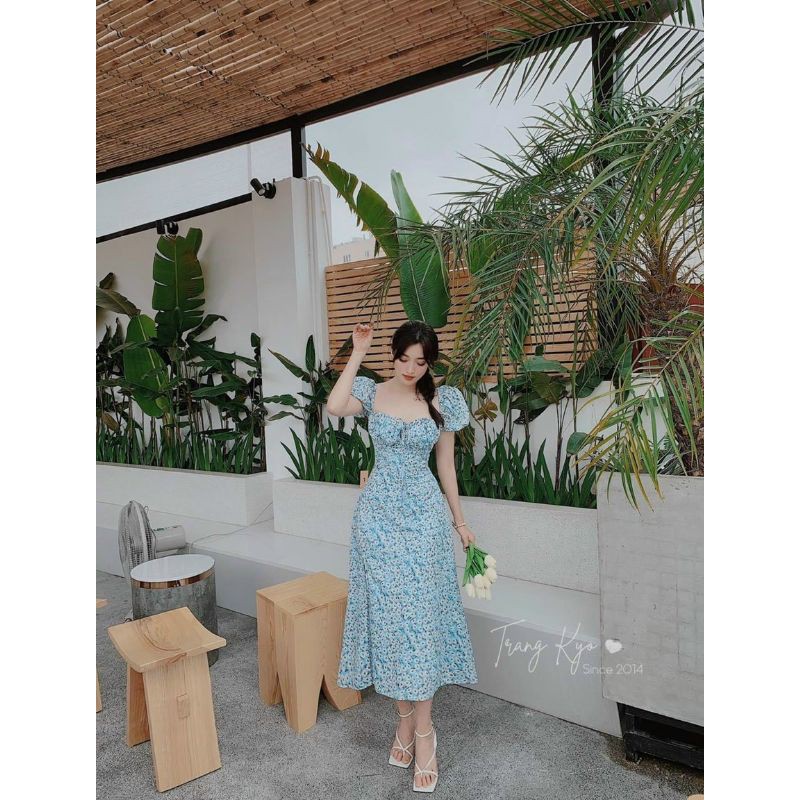 Đầm hoa xanh midi nhíu ngực xẻ đùi mã 1804