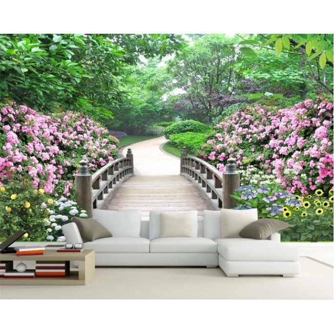 Tranh dán tường 3D phong cảnh con đường cây cầu đẹp - vải lụa phủ kim sa (Kích thước theo yêu cầu)