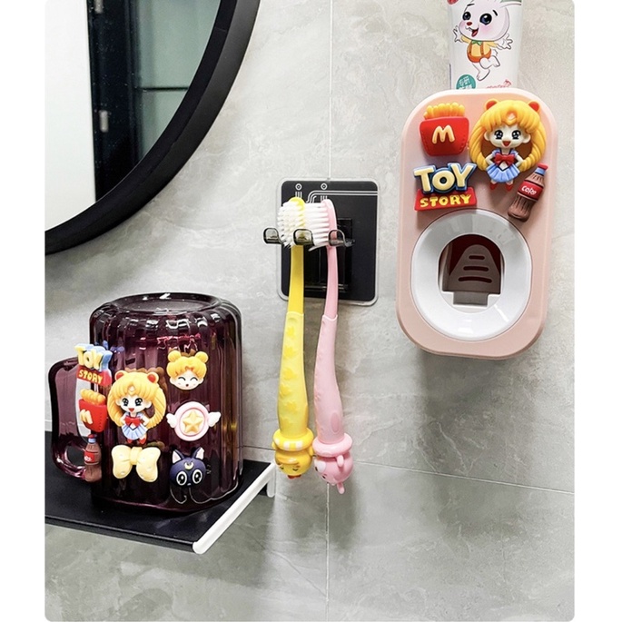 Bộ cốc treo bàn chải và dụng cụ nhả kem đánh răng tự động gắn tường hoạt hình cho trẻ em