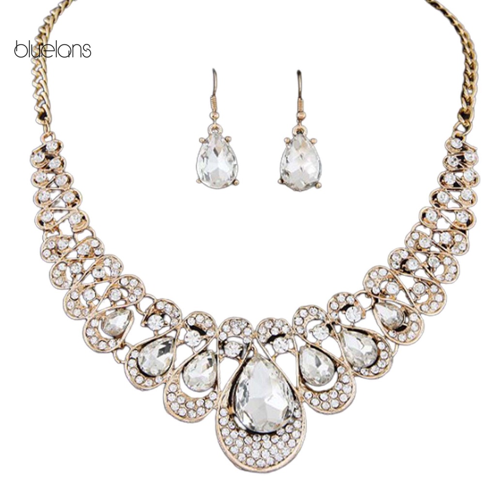 Bộ Trang Sức Dây Chuyền + Bông Tai Hình Giọt Nước Bằng Hợp Kim Đính Đá Nhân Tạo Màu Sắc Tươi Sáng Thời Trang Cho