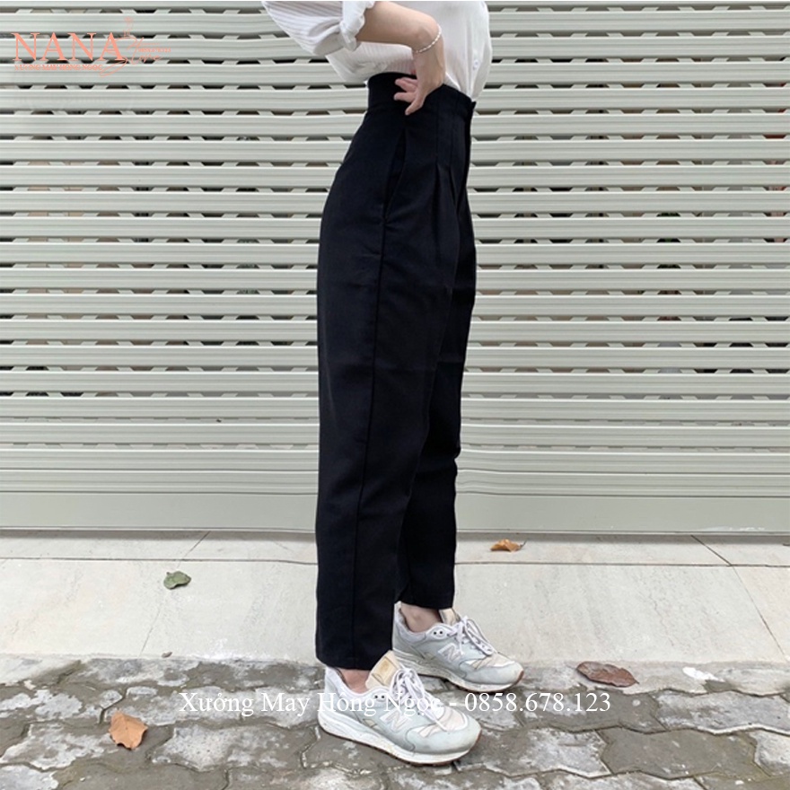 Quần tây nữ lưng cao đi học cạp liền 2 nút cài ống đứng dáng quần vải baggy đen nữ học sinh co giãn đi học làm công sở