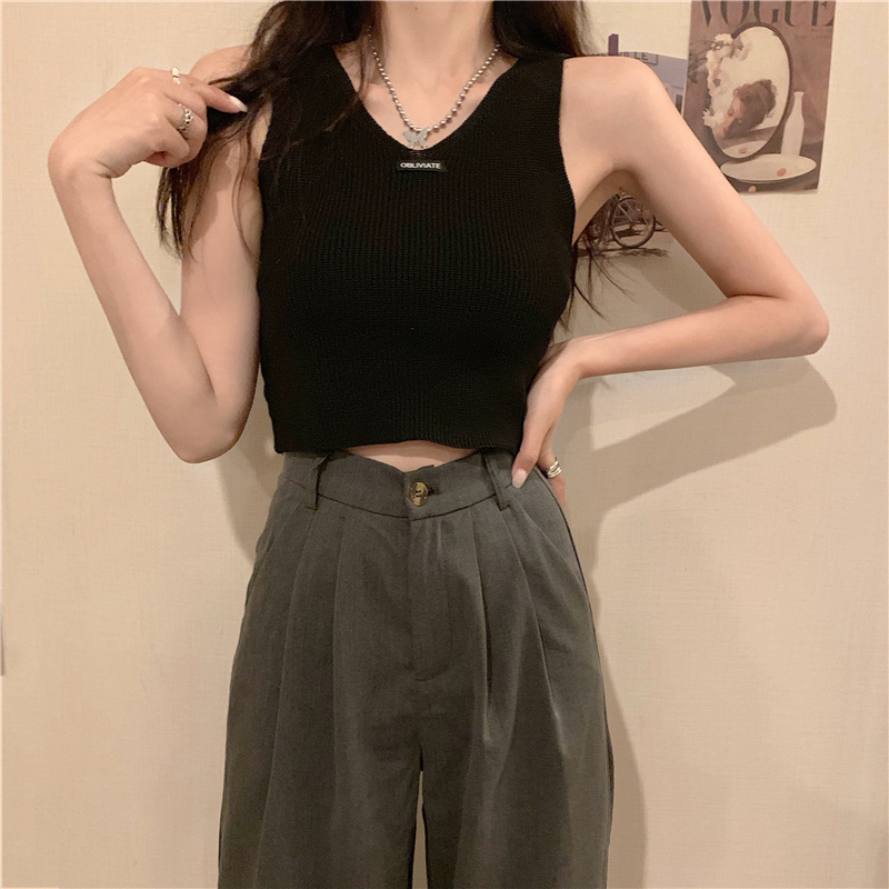 Áo hai dây dệt kim cổ chữ V màu trơn phong cách Hàn Quốc cho nữ