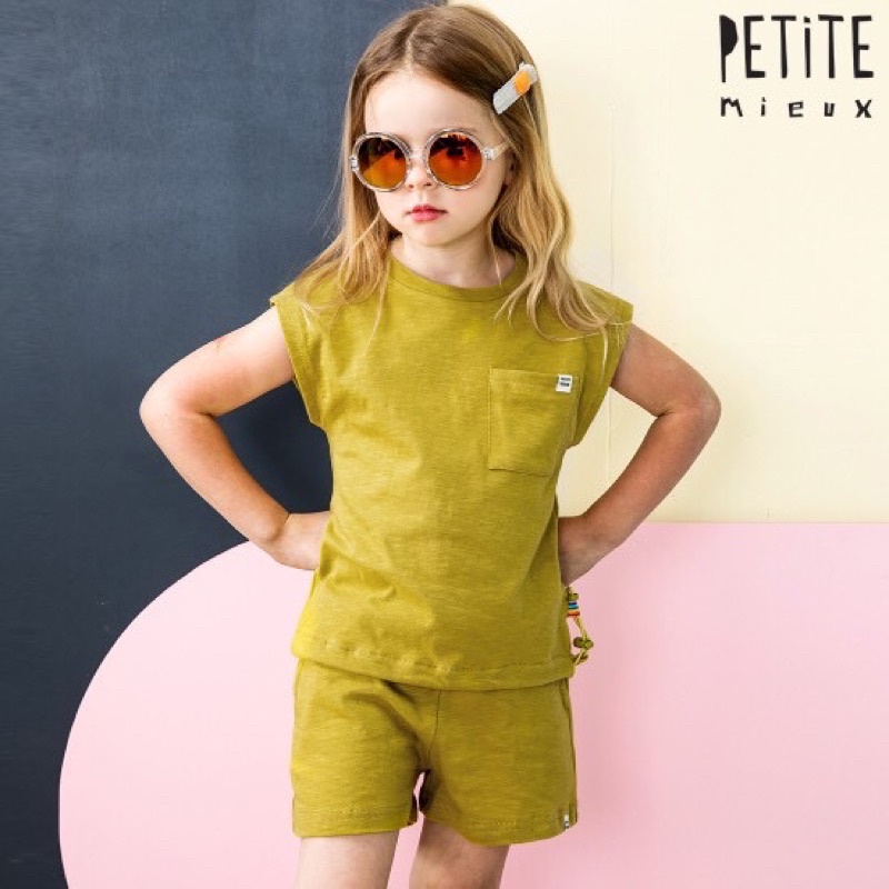 Bộ cotton xước có túi Petite Mieux xuất Hàn dư xịn cho bé trai/bé gái