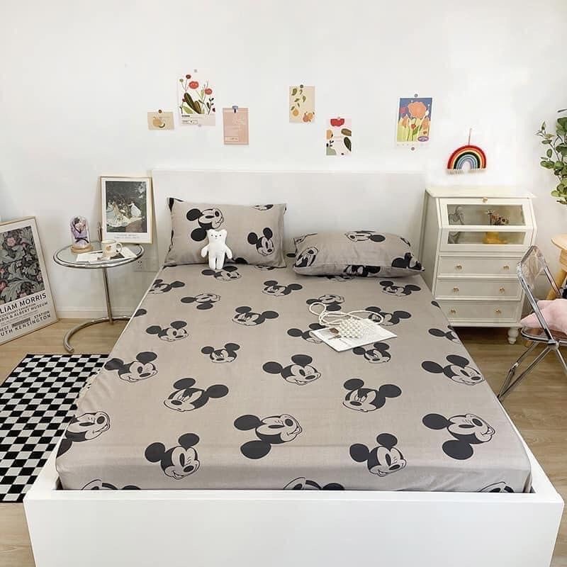 Bộ ga gối MICKY NÂU m6/m8 drap giường poly, ga trải giường + 2 vỏ gối nằm hàng loại 1