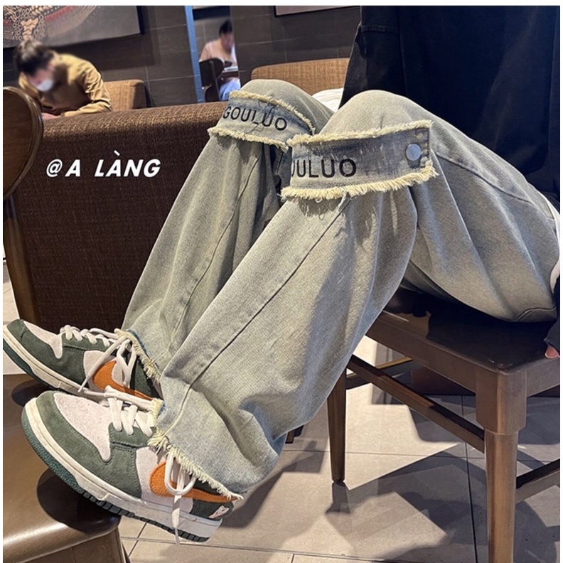 Quần bò jeans ống rộng màu bụi thêu chữ cách điệu hot trend Ulzzang unisex siêu chất ❤️