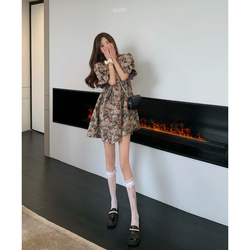 Đầm Tay Phồng Họa Tiết Gấu Phong Cách retro Thời Trang Mùa Hè Mới