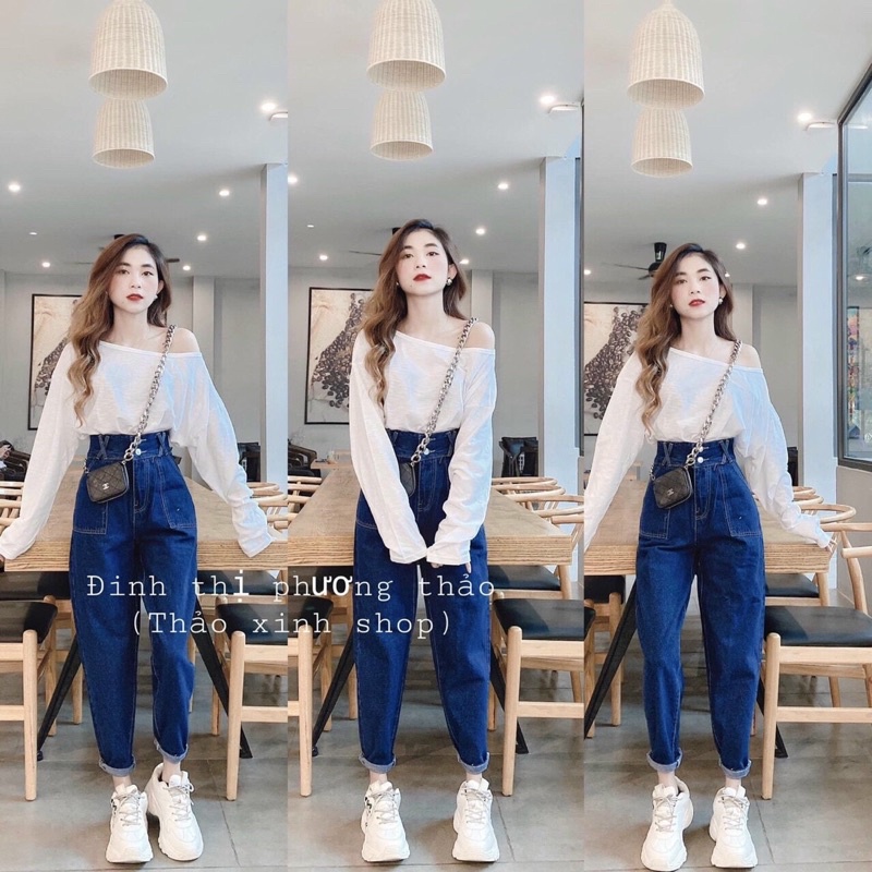 sale Quần bò nữ, quần 2 túi trước Quần Baggy jean nữ lưng cao phong cách, Cạp quần cao vừa phải chất bò mịn đẹp