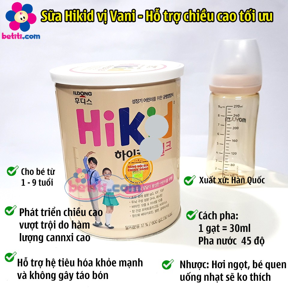 Sữa Hikid - Hàn Quốc Vị Vani Giúp Bé Tăng Chiều Cao (600g)