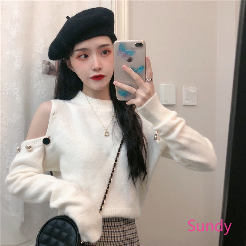 Áo Dệt Kim Tay Dài Cổ Tròn Trễ Vai Phong Cách Phương Tây Thời Trang Mùa Thu Cho Nữ