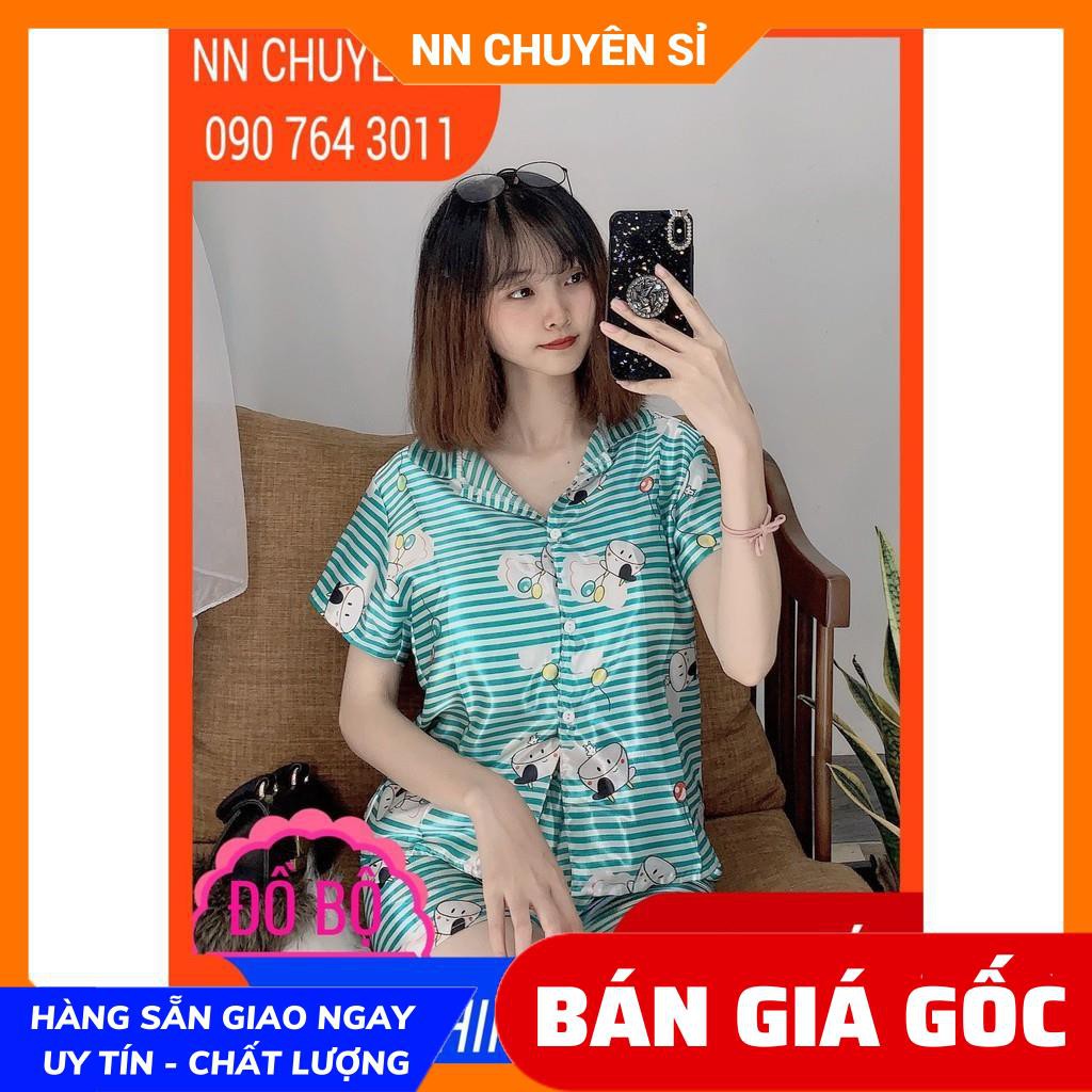 Đồ bộ nữ mặc nhà cổ pijama chất phi bóng mềm mịn mát in hình heo in hình hello kitty in hoạt hình dễ thương