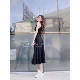 ĐẦM MIDI ĐEN HAI DÂY ĐAN EO [kèm ảnh thật]