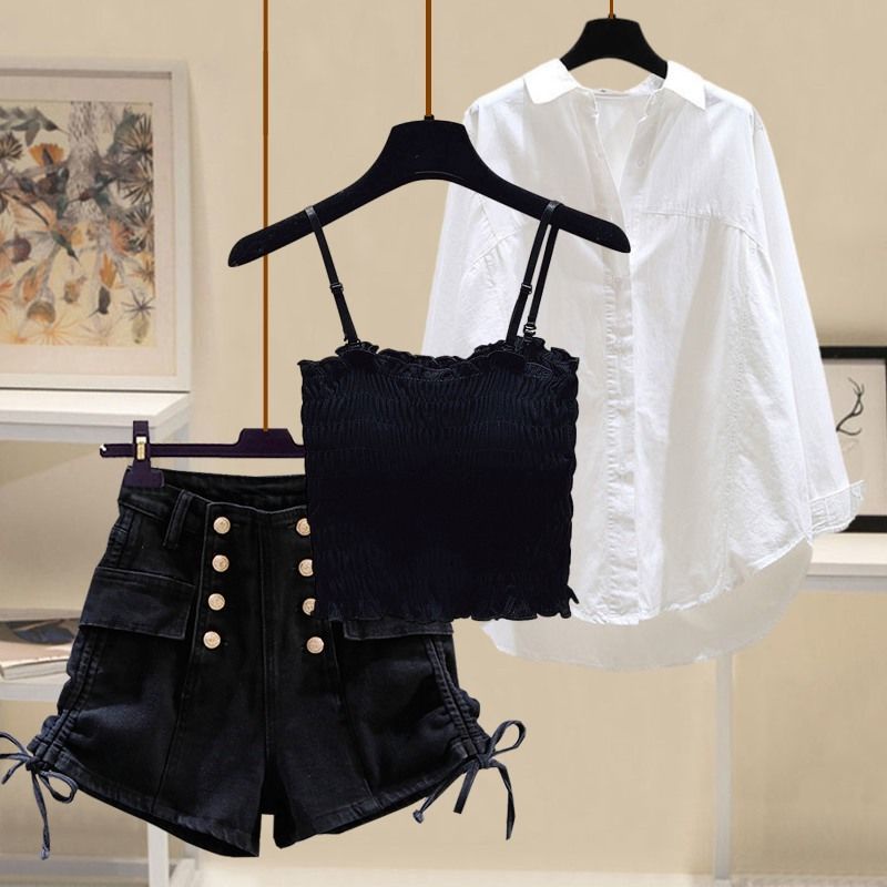 Set Áo Hai Dây + Quần Short Lưng Cao + Áo Sơ Mi Thiết Kế Ngọt Ngào Quyến Rũ Thời Trang Mùa Hè Cho Nữ