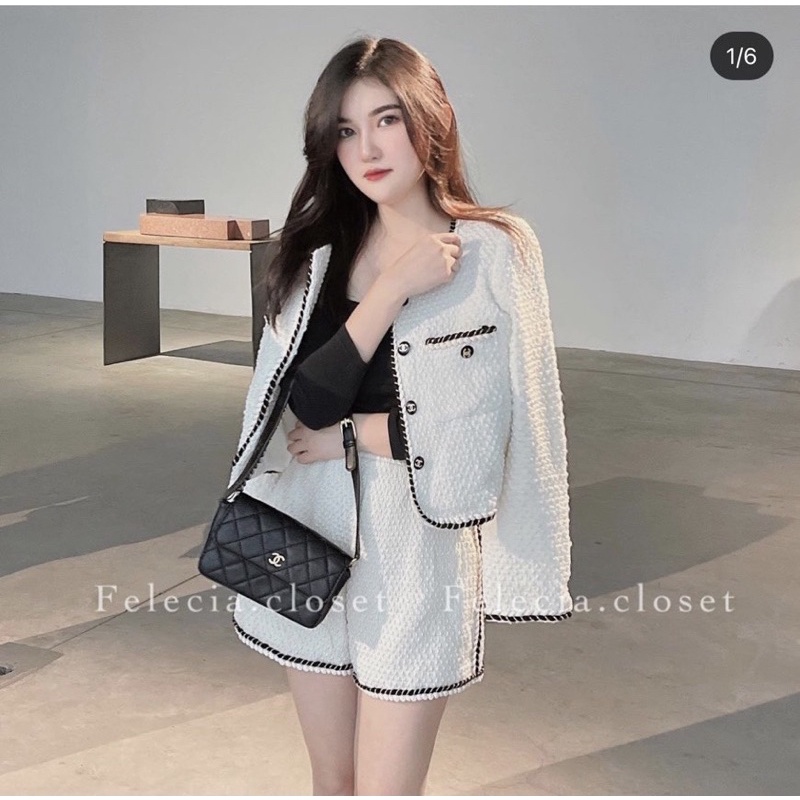 Set 3 món: Áo khoác phối nút + áo đen tay dài + quần shorts viền bính