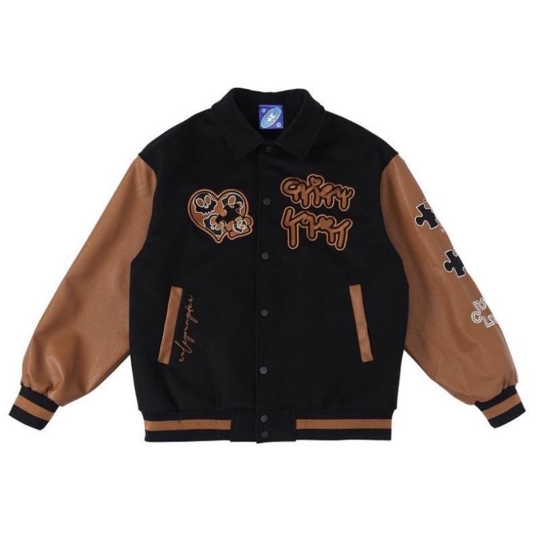 Áo khoác bomber - Jacket Varsity chữ thêu tay da phối màu nâu form rộng unisex nam nữ