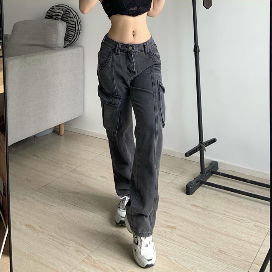 Quần jeans baggy MMIOT y2k lưng cao ống rộng có túi bên hông thời trang cổ điển dành cho nữ