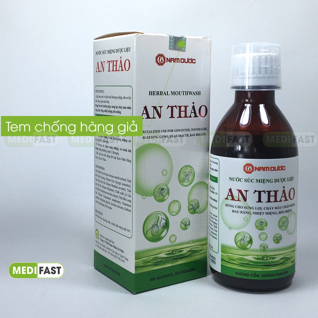 Nước súc miệng An Thảo từ thảo dược phòng các bệnh răng miệng từ vỏ cau, tinh dầu bạc hà, đinh hương