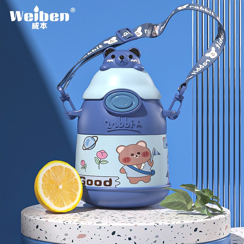 Bình Nước Giữ Nhiệt Bằng Thép Không Gỉ 316 Thiết Kế Hoạt Hình Kèm Ống Hút 500ml Nhỏ Gọn Cho Bé