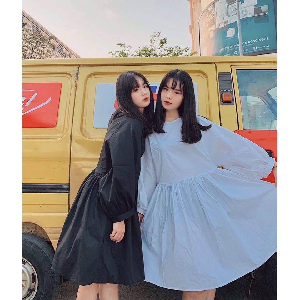 V007 Váy Babydoll trắng trơn tay bồng dáng xòe chụp ảnh đi chơi, đầm bầu tay phồng form rộng cute dễ thương trẻ trung