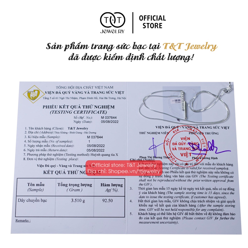 Dây chuyền Bạc nữ Thanh Thạch s925 T&amp;T Jewelry cao cấp DC07