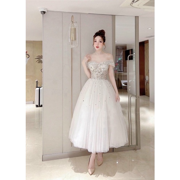 MS1246y ĐẦM CÔNG CHÚA BẸT VAI KẾT KIM SA TREO full size S/M/L/XL