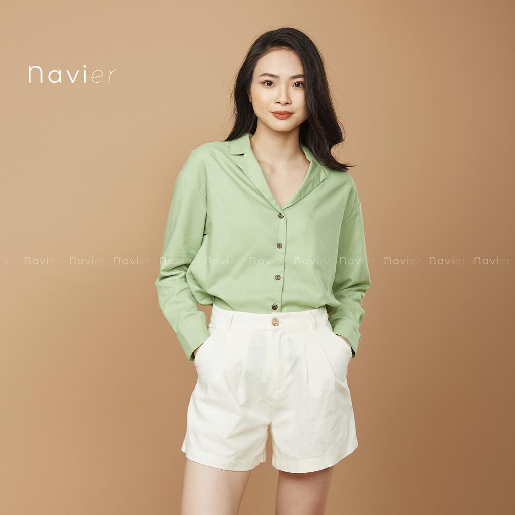 ÁO KIỂU NỮ TAY DÀI PIJAMA CỔ VEST CÔNG SỞ VẢI ĐŨI - LINEN SHIRT SM03 NAVIER  ཾ ྇