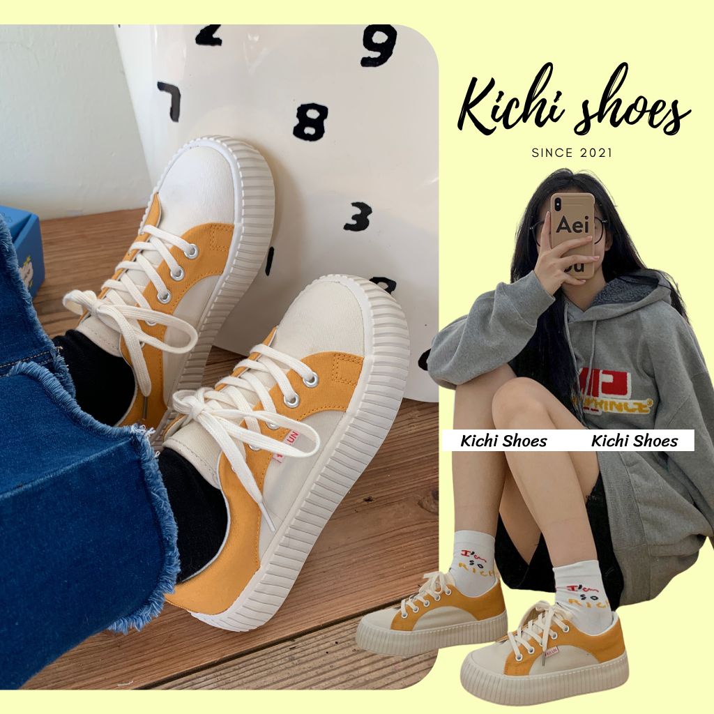 Giày canvas Xulimong cổ điển màu be mix đen, vàng phong cách ulzzang Kichi Shoes - mã 1156