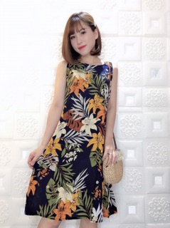 Váy lanh hoa sát nách dáng suông cực mát