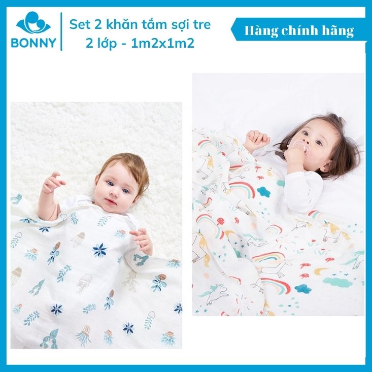 Set 2 Khăn Tắm Em Bé Sợi Tre Bonny 2 Lớp Kích Thước 1m1x1m2, Set 2 Khăn Quẩn Ủ Mềm, Mịn, Mát Dùng Quanh Năm