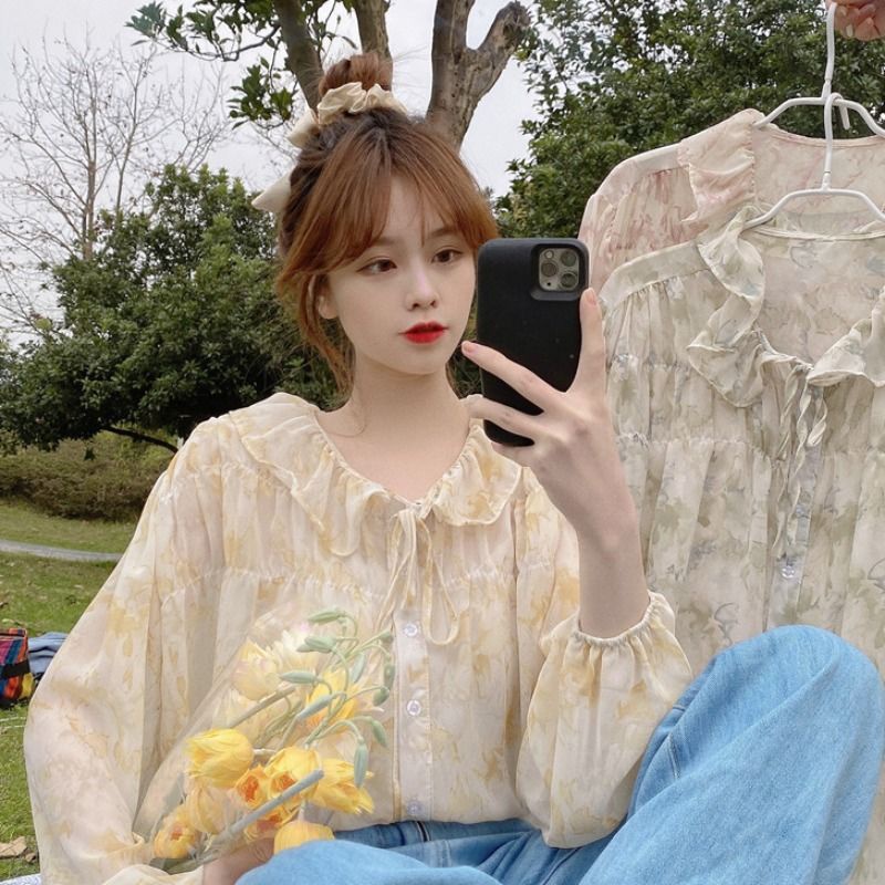 [ Mã 11FASHIONSALE1 giảm 10K đơn 50K ] Áo vải voan họa tiết hoa dáng rộng phối viền nhún bèo cho nữ 2021 | BigBuy360 - bigbuy360.vn