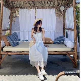 Váy đầm maxi hai dây thô trắng gấu pha ren