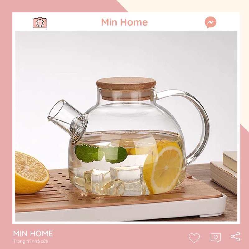 Ấm Thuỷ Tinh Sang Chảnh Nắp Gỗ Đựng Nước Pha Trà 1000ml