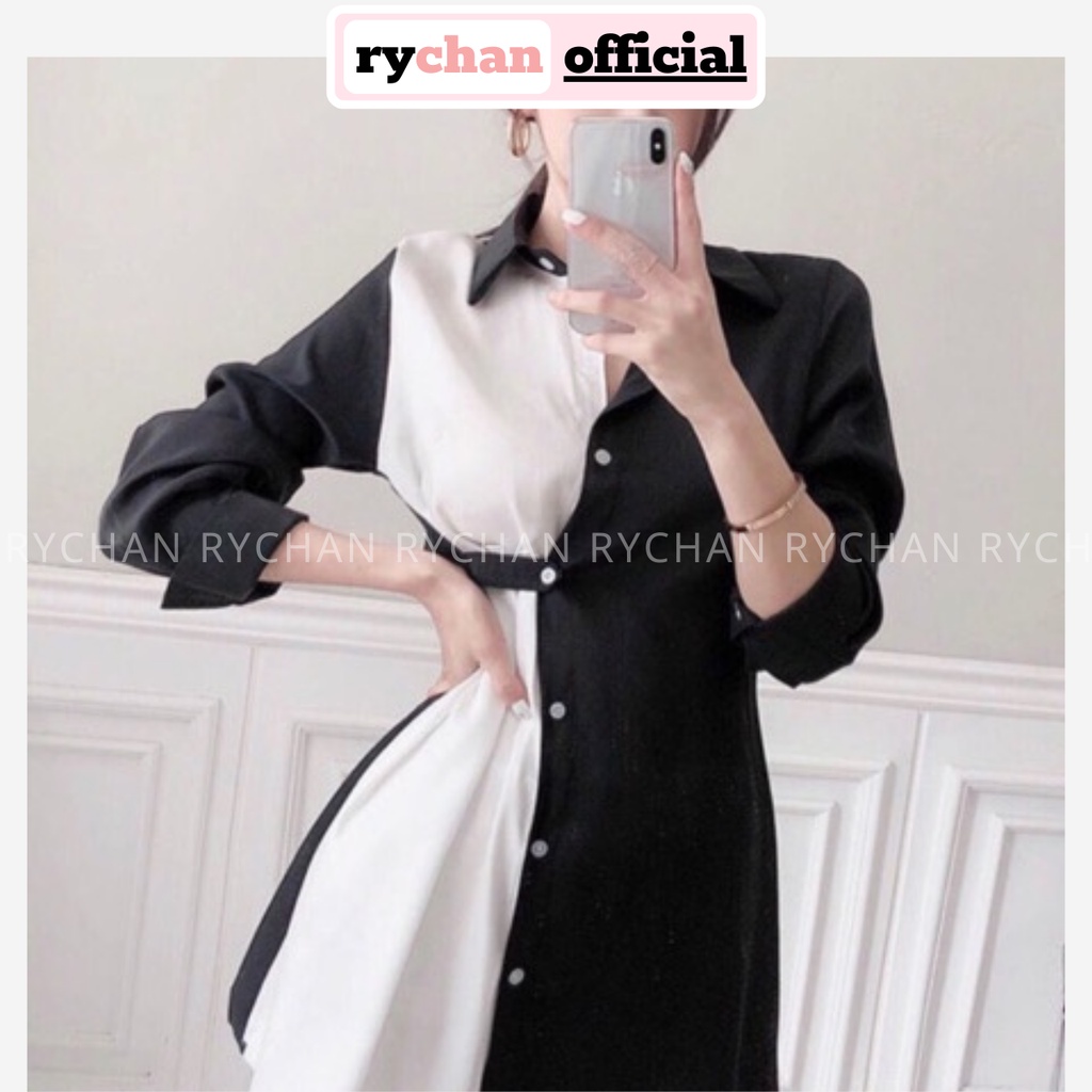 Đầm Thiết Kế Nữ Dáng Sơ Mi Phối Trắng Đen Gài Nút Cực Độc Lạ Cá Tính [ẢNH THẬT CUỐI] - DX9885
