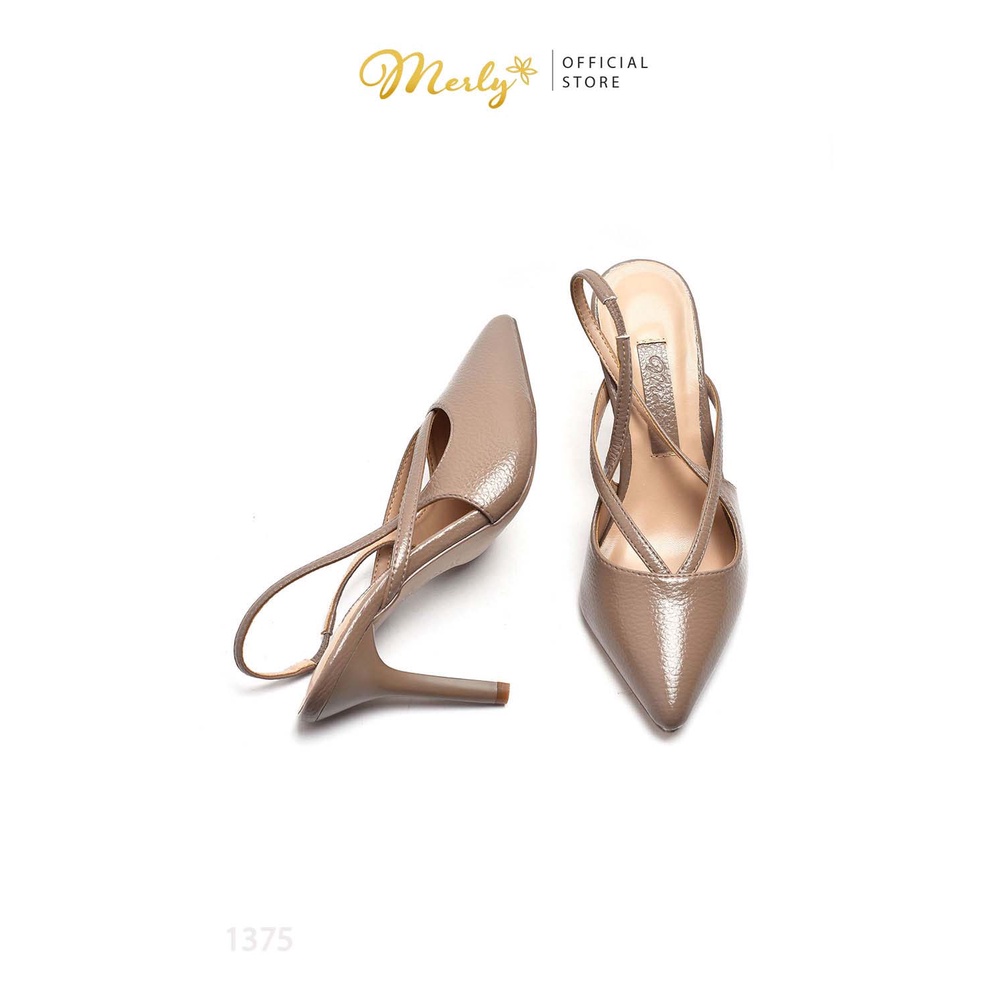 Giày slingback gót nhọn 8cm Merly 1375 Nâu, Giày sandal gót nhọn 8cm, giày nữ big size