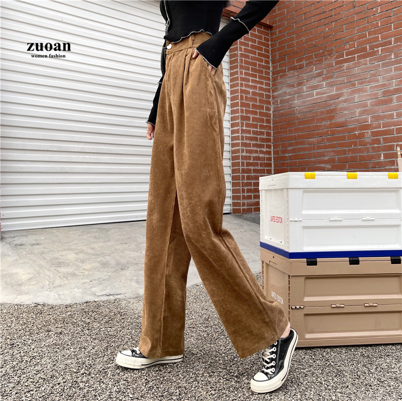 SUXI Quần Nhung Dài Ống Rộng Lưng Cao Kiểu Hàn Quốc Cá Tính