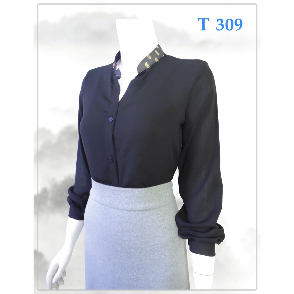 Áo somi cổ trụ, tay dài, màu đen phối ren, voan _ T 263 309