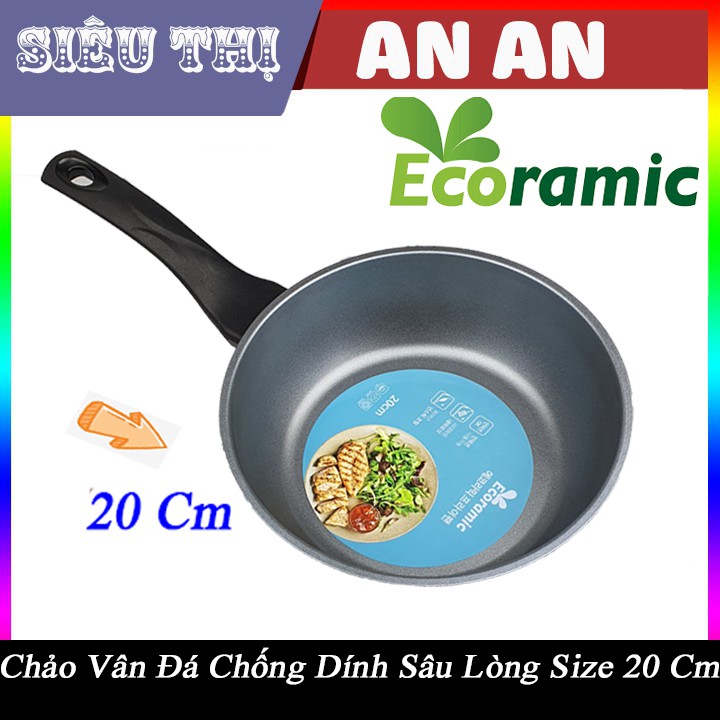 Chảo tròn sứ sâu lòng ceramic ECORAMIC đáy ga vân đá chống dính Size 20 cm tay cầm chịu nhiệt chảo gốm sứ