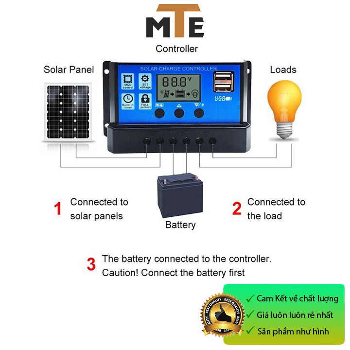 Bộ điều khiển sạc acquy từ năng lượng mặt trời NLMT tự động 12V 24V 10-40A có hiển thị LCD + sạc điện thoại từ USB