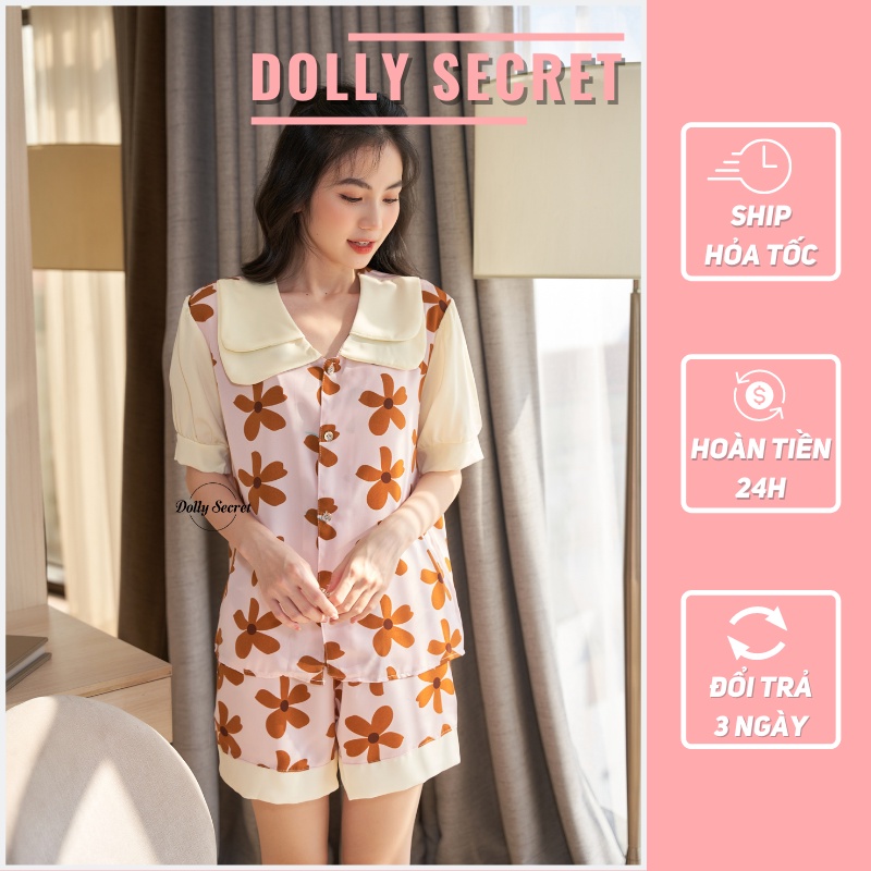 Bộ đồ mặc nhà cộc tay Pijama tay bồng lụa mango họa tiết mùa thu Hàn Quốc DOLLY SECRET CC14
