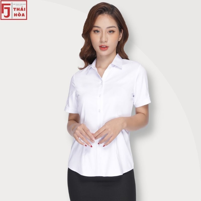 Áo sơ mi nữ ngắn tay Thái Hoà công sở màu trắng kiểu bigsize sợi tre đẹp N8919-01-01