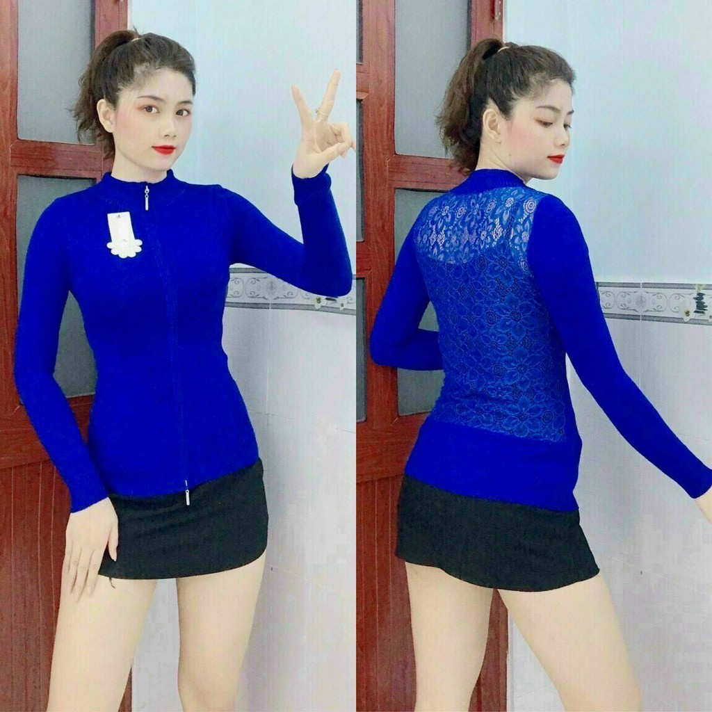 Áo khoác len nữ dây kéo 2 đầu cổ cao phối ren lưng