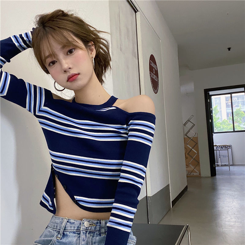 Áo hở vai dáng mỏng dài tay họa tiết kẻ sọc thời trang quyến rũ cho nữ