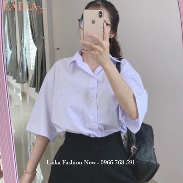 Áo sơ mi trắng đi học form rộng tay lỡ có túi cổ bẻ V kiểu áo sơ mi học sinh rộng tay ngắn màu trắng xanh đi học vải mát