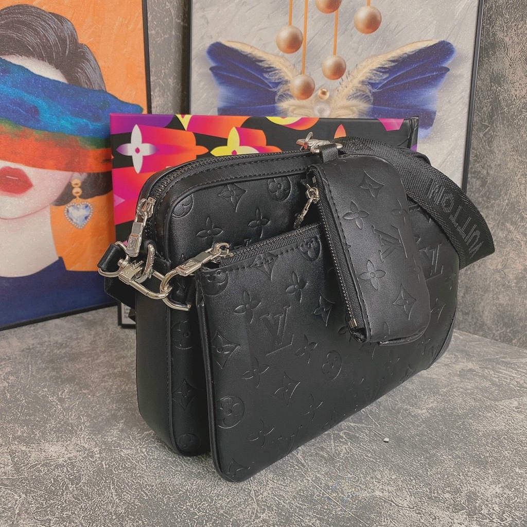 Túi đeo chéo L V sét 3 món vân hoa chìm LA fullbox bill thẻ túi vải