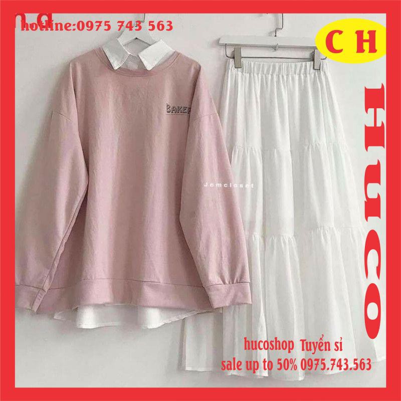 sét trang phục nữ🦋sét ba món: áo sweater cổ tròn baker + áo sơmi + chan váy basic nhiều tầng🦋bộ freesize ulzzang giá rẻ