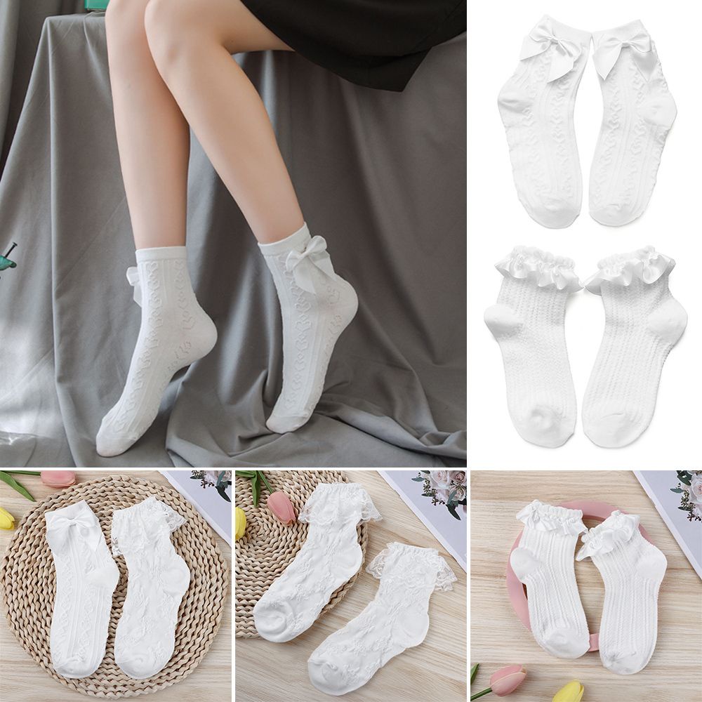 Đôi vớ cotton phối ren đính nơ phong cách lolita dành cho nữ