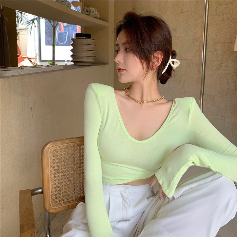 áo thun cổ chữ v màu xanh lá cây huỳnh quang phụ nữ mùa xuân và thu dài tay hở rốn bó sát gợi cảm 2021 sơ mi ng