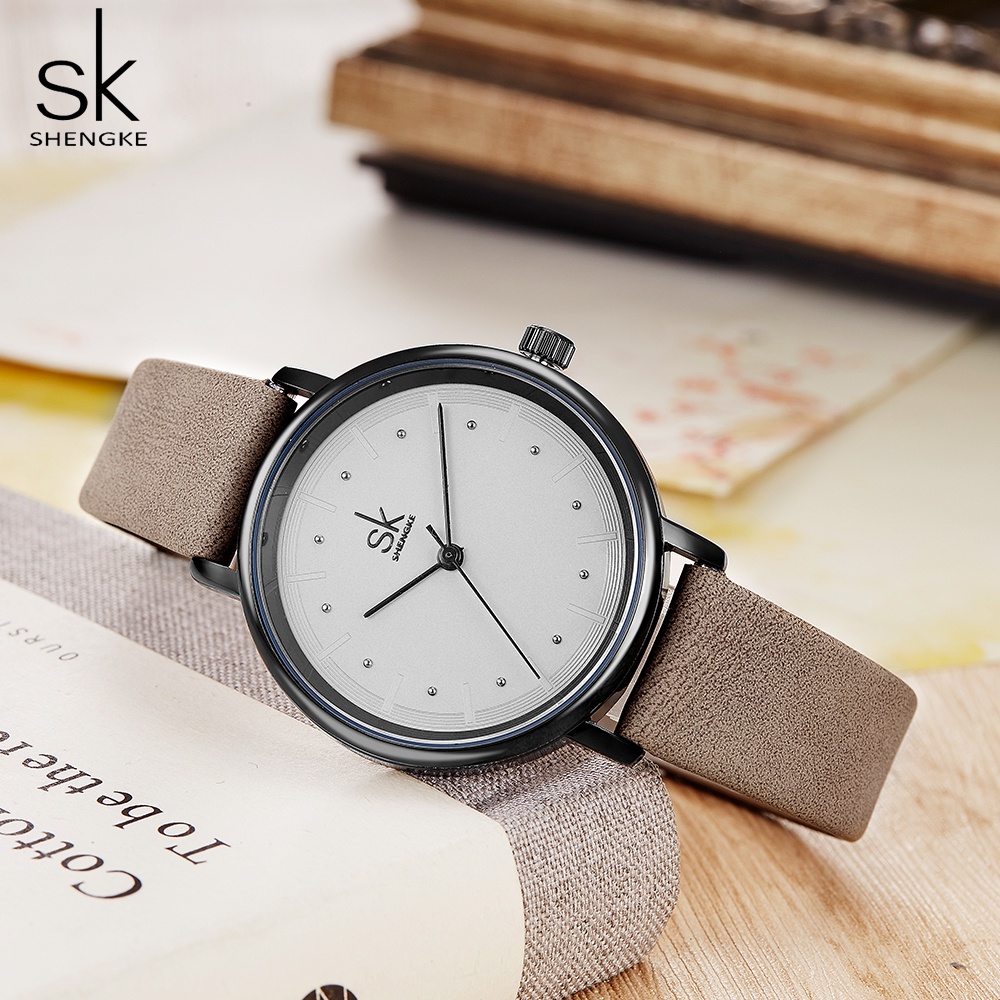 Đồng hồ nữ Shengke đơn giản dây đeo bằng da phong cách retro thời trang