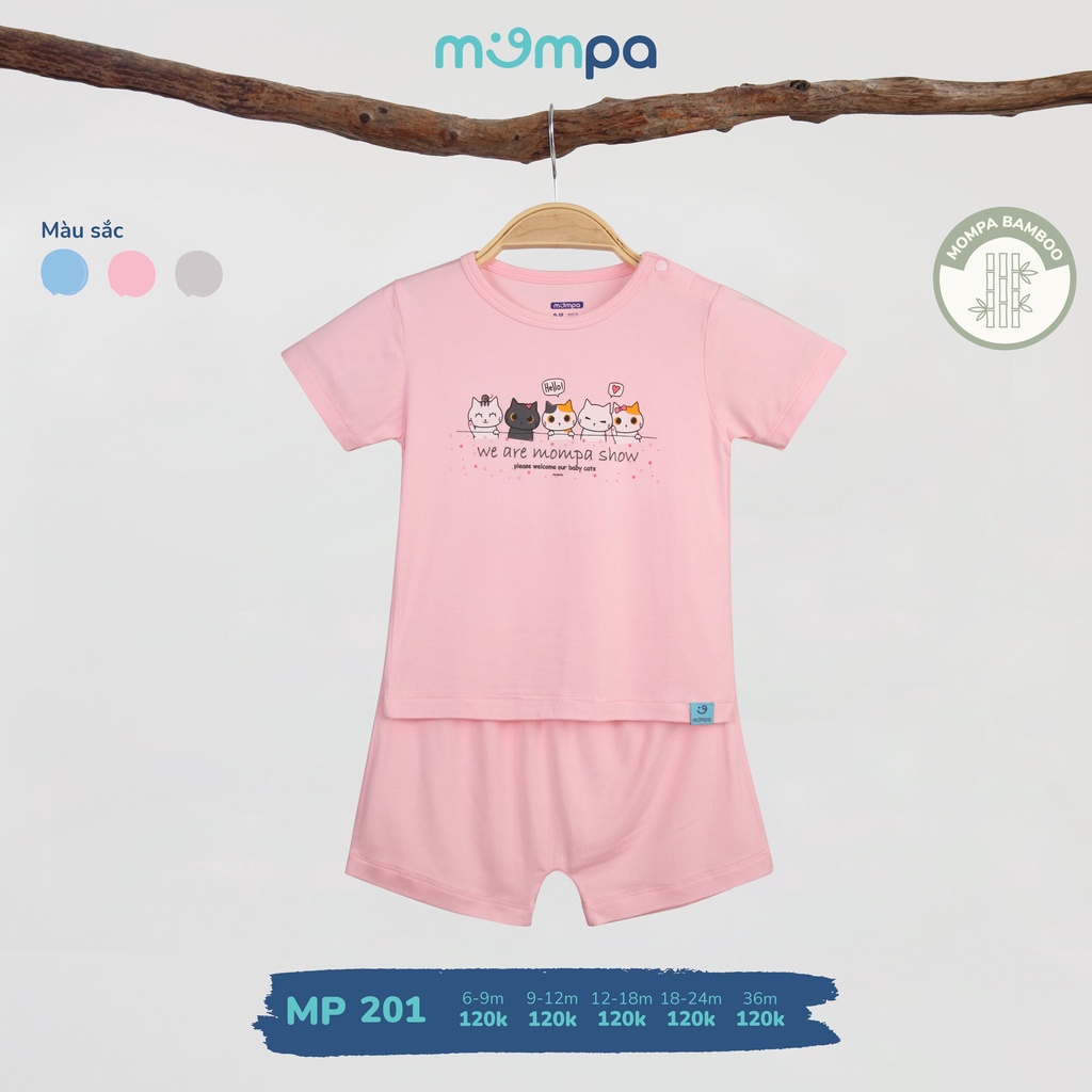 Quần áo cho bé dáng cộc tay trơn in hình Mompa MP 201 vải sợi tre bamboo thoáng mát 6 đến 36 tháng