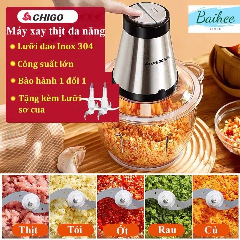 Máy Xay Thịt Đa Năng Chigo lưỡi kép 4 Dao, cối innox, thủy tinh, tốc độ cao, xay thịt, rau củ quả và ngũ cốc - Baihee