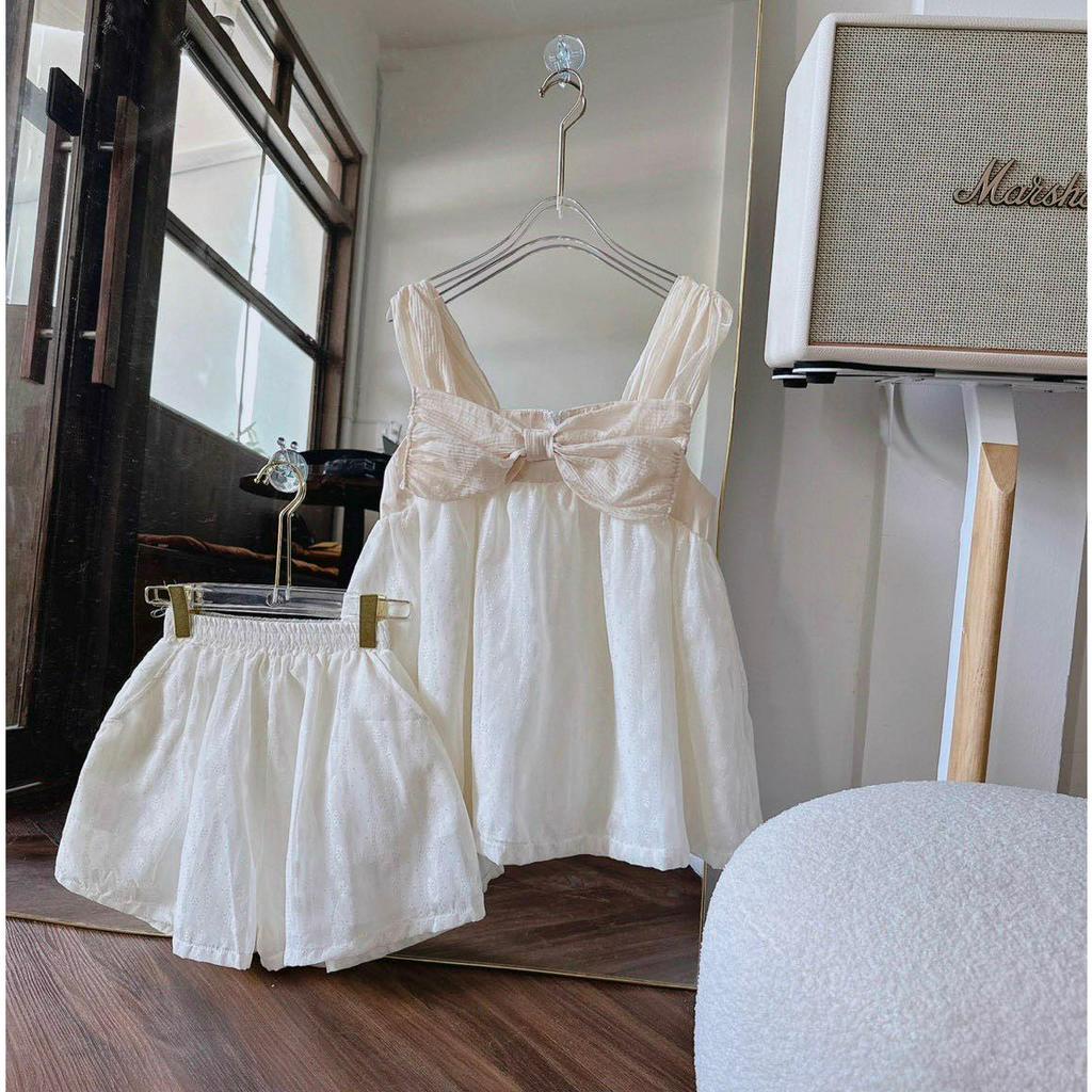SET ÁO NUDE DÂY BẢN PHỐI NƠ + SHORT